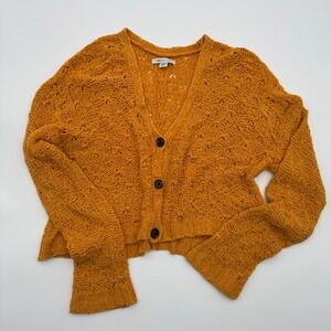 American Eagle Mustard Yellow Pointelle Knit Cropped Cardigan Sweater Womens XS